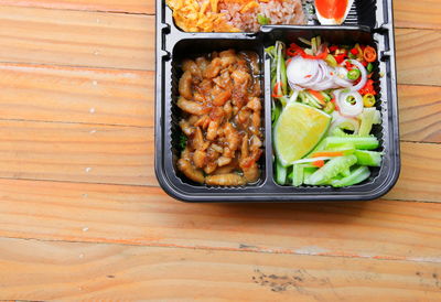 High angle view of meal served on table