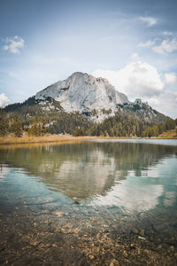 Scenic view of lake and mountains against sky