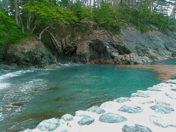 Scenic view of sea against rocks