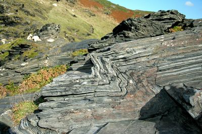 High angle view of natural patterns on rock formation at cornwall