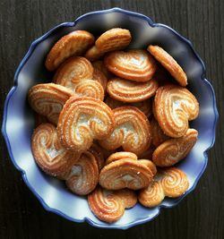 High angle view of pancakes in plate on table