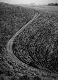 High angle view of winding road on landscape against sky