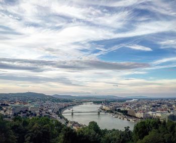 High angle view of cityscape against cloudy sky