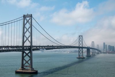 View of suspension bridge against cloudy sky
