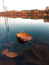 Reflection of rocks in lake against sky