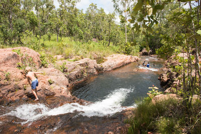 High angle view of people on river amidst trees