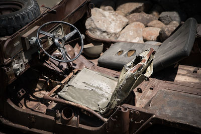 High angle view of rusty machine part