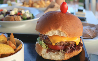 Close-up of burger on table