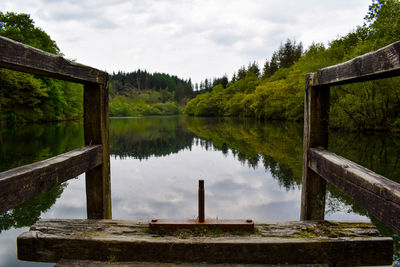 Scenic view of lake in forest against sky