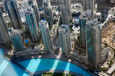 High angle view of modern buildings in city