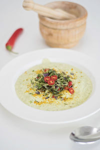 High angle view of meal served in bowl