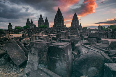 Panoramic view of temple building against sky during sunset