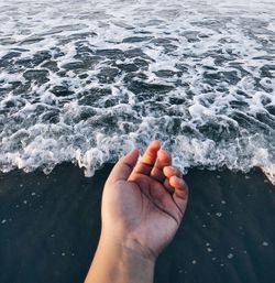 Cropped image of person hand on sea shore