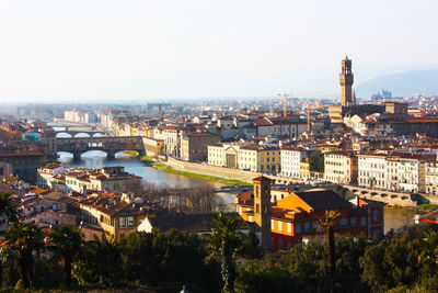 High angle view of river amidst buildings in city