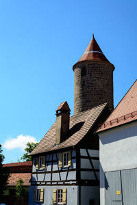 Low angle view of building against clear blue sky