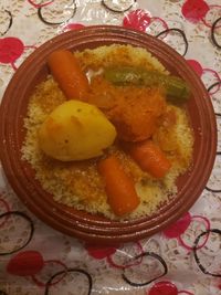 High angle view of food in bowl on table