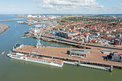 Aerial from the city harlingen at the ijsselmeer in the netherlands