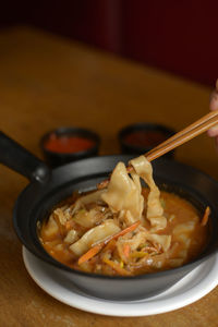 Close-up of soup in bowl on table