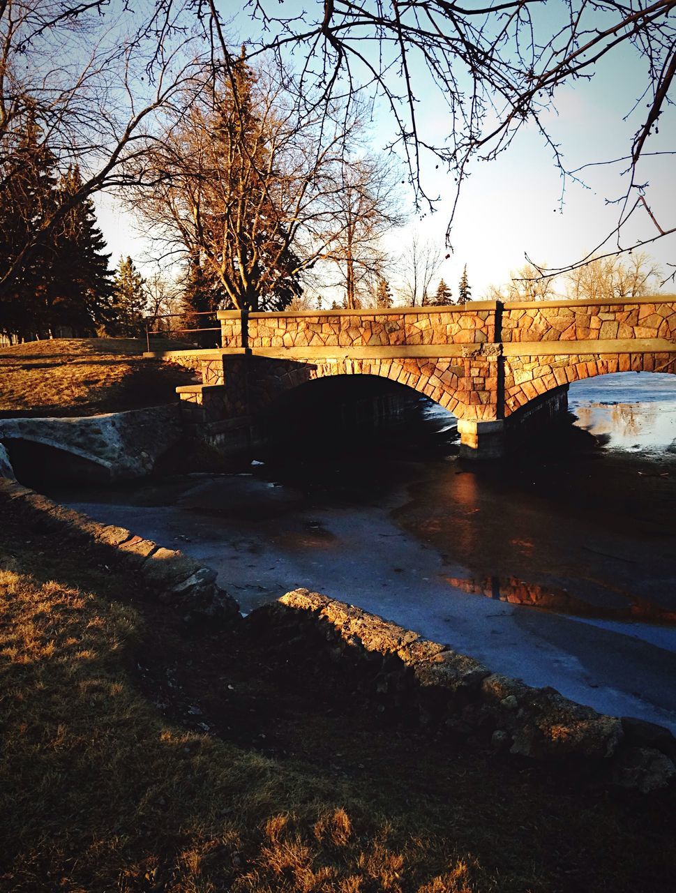 water, reflection, tree, sunset, outdoors, no people, sky, built structure, architecture, nature, bridge - man made structure, day