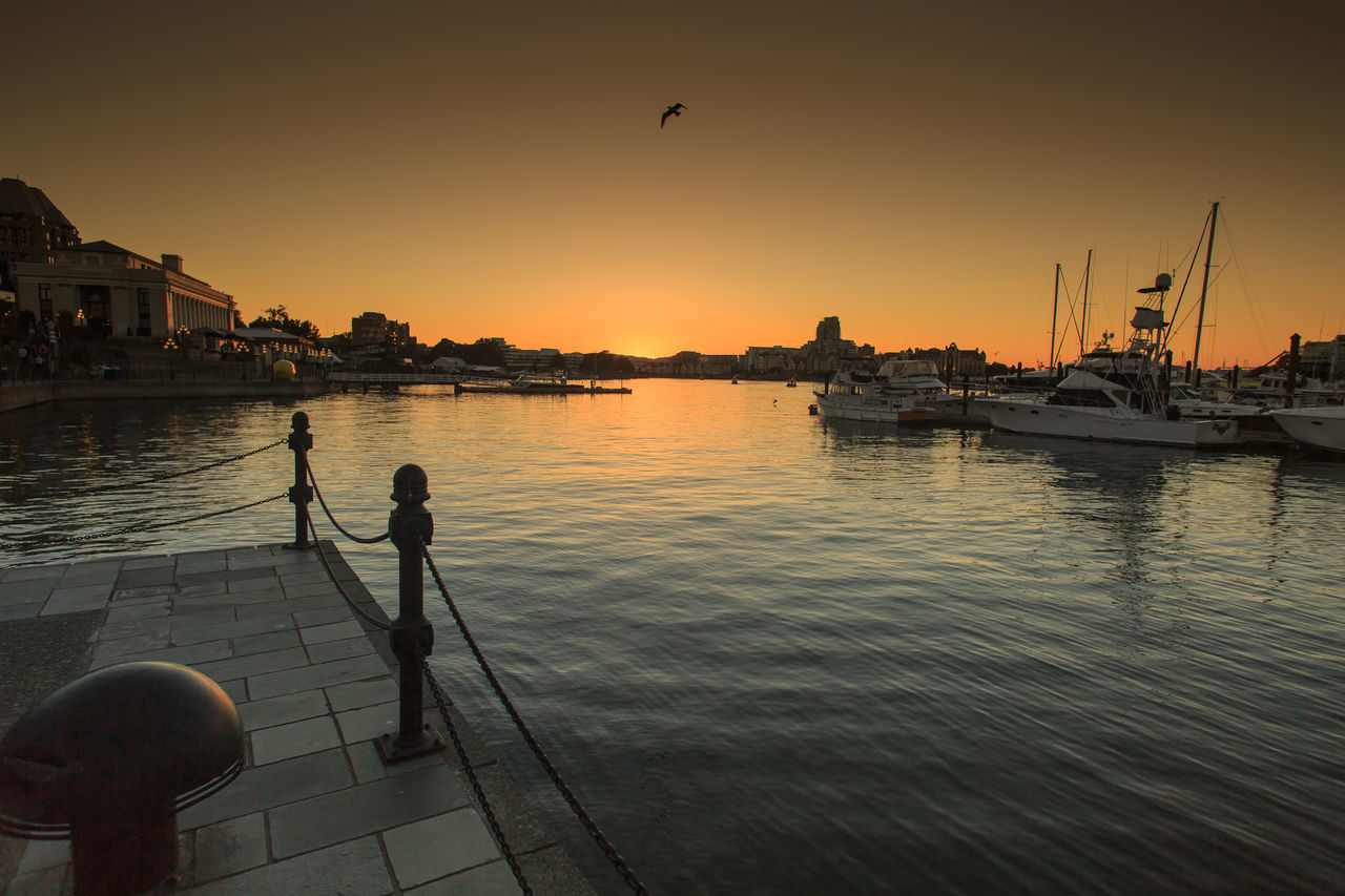 sunset, water, bird, silhouette, animal themes, reflection, nautical vessel, transportation, wildlife, orange color, animals in the wild, harbor, building exterior, sky, built structure, clear sky, mode of transport, one animal, moored, boat