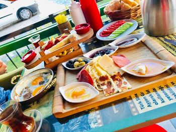 High angle view of breakfast on table