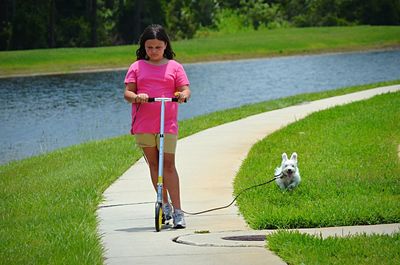 Girl riding on push scooter by dog running on grassy field against lake at park