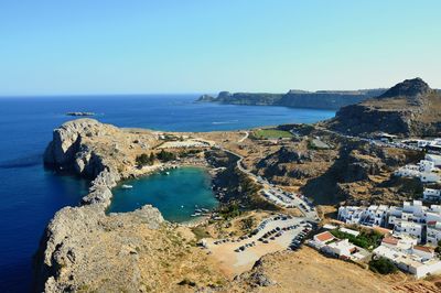 Scenic view of sea against clear blue sky