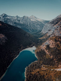 Scenic view of lake and mountains against clear sky