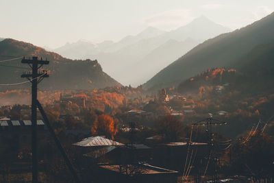 Scenic view of mountains against sky during sunset