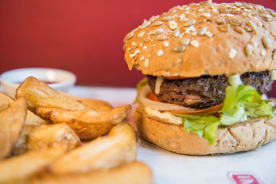 Close-up of burger in plate on table