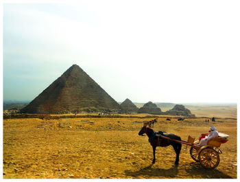 People riding horse cart against sky