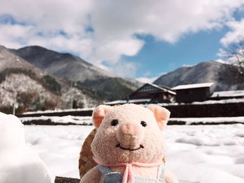 Close-up of stuffed toy on snow covered field