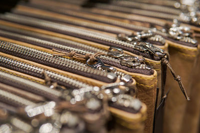 High angle view of leather pencil cases