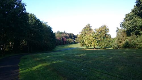 Scenic view of golf course against clear sky