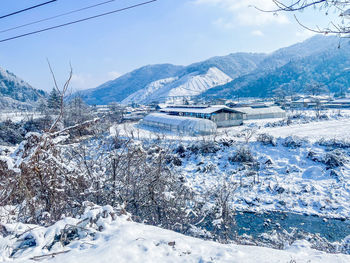 Scenic view of snowcapped mountains against sky