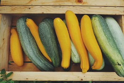 High angle view of wet yellow and green squash in wooden basket for sale at market