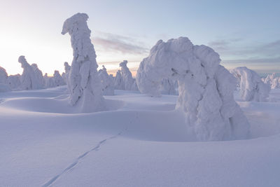 Panoramic view of snow covered land against sky