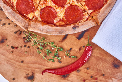 High angle view of pizza on table
