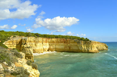 Spectacular rock formations on benagil beach on the algarve coast of portugal