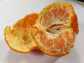 Close-up of orange slice against white background