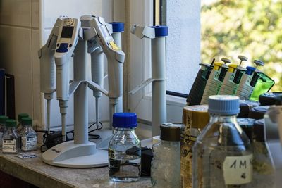 Bottles on shelf in kitchen