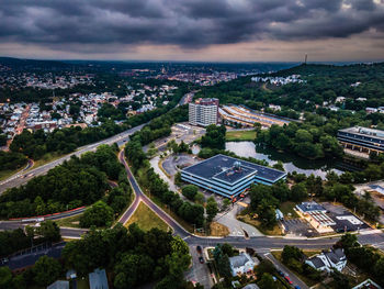 High angle view of buildings against sky