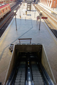 High angle view of people at railroad station