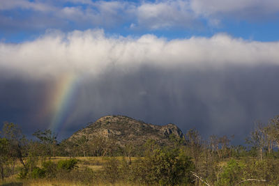 A late afternoon storm with the leading edge showing a beautiful rainbow over the australian bush.