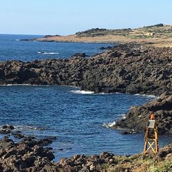 Scenic view of sea against clear blue sky