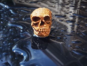 High angle view of human hand on wet glass