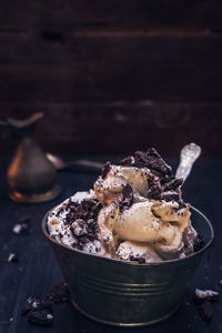 Close-up of ice cream in bowl on table