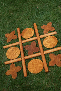 High angle view of food on field