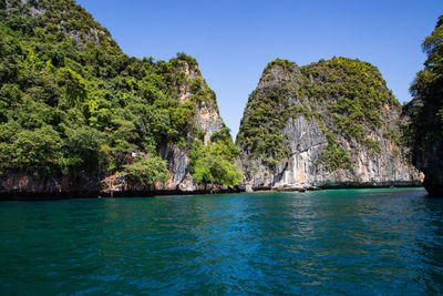 Scenic view of bay against clear sky