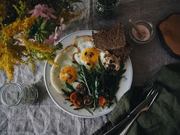 High angle view of breakfast served on table